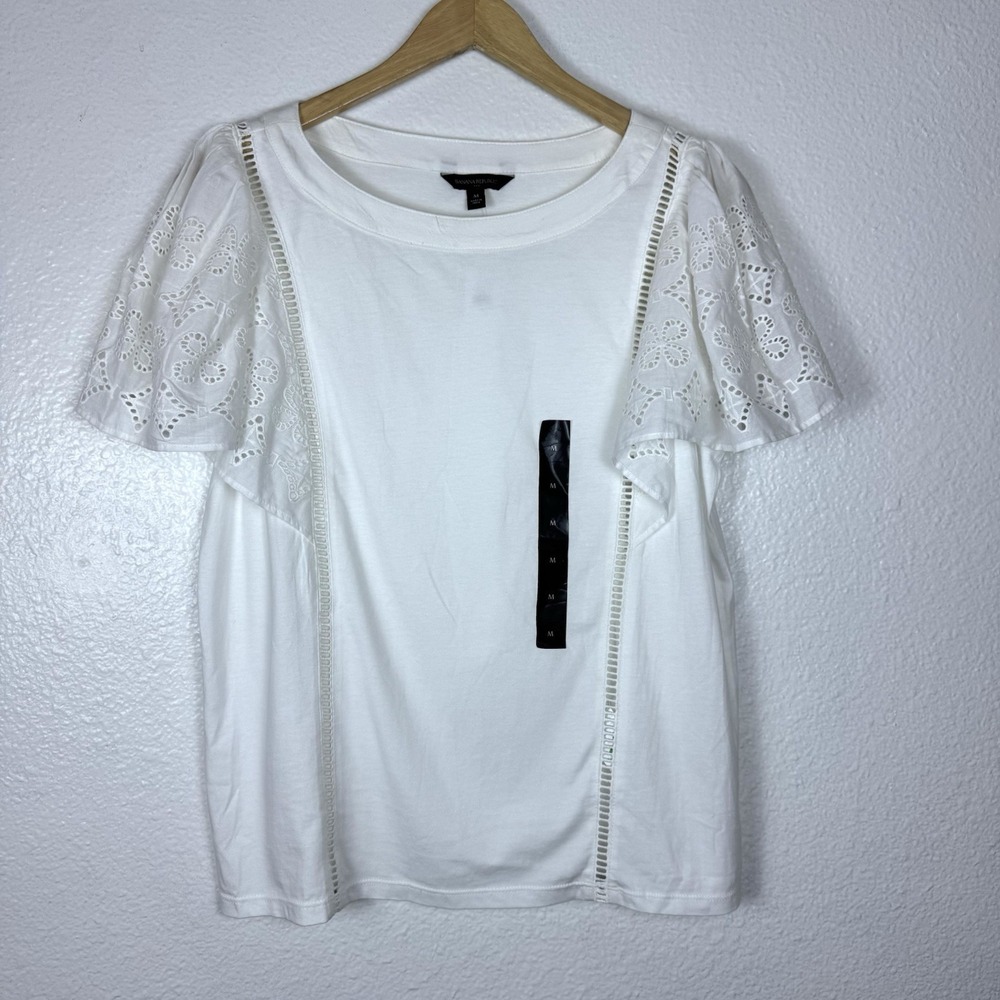 Banana Republic Eyelet Flutter Sleeve Top Womens Medium White Tee Cotton Modal
